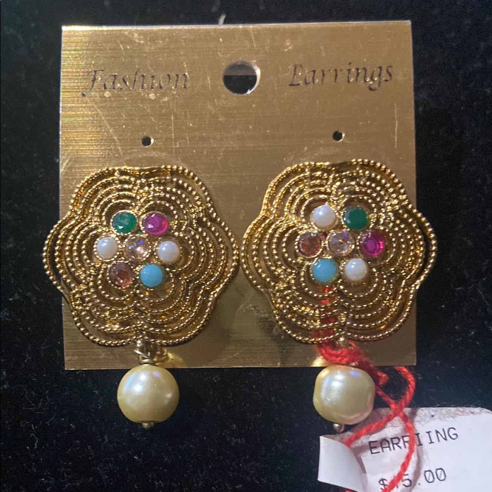 Gold Floral Earrings With Multicolor Gems